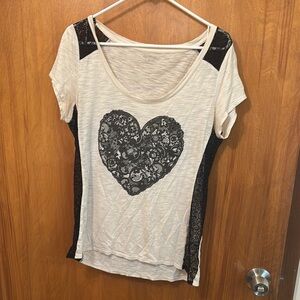Express Cream and Black Lace Heart Tee